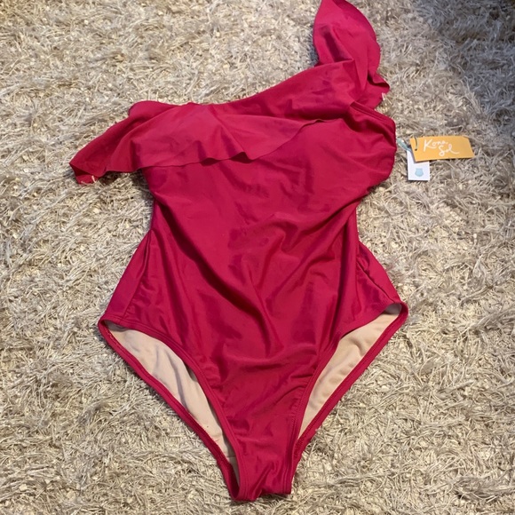 Kona Sol Deep Pink Ruffled One Shoulder One Piece Swimsuit size Medium NWT - Picture 1 of 5